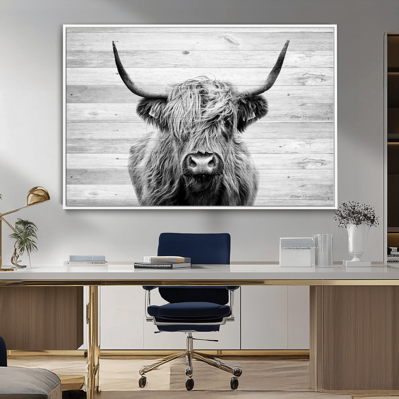MGV-FC-36X24 - Scottish Highland Cow Cattle Art Print on Wood Background Style