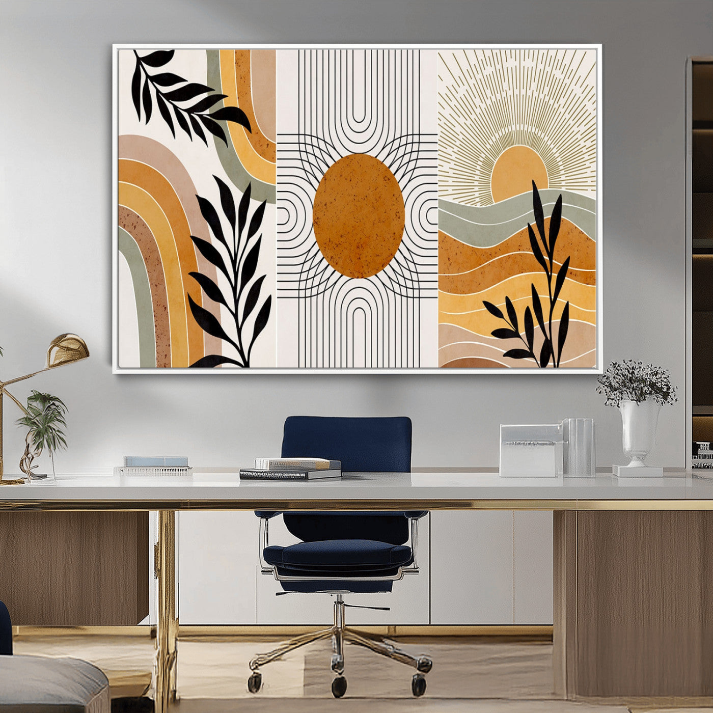 MGV-FC-36X24 - Modern Boho Sun and Leaf Abstract Art – 3-Panel Giclée Canvas for Mid-Century Modern or Bohemian