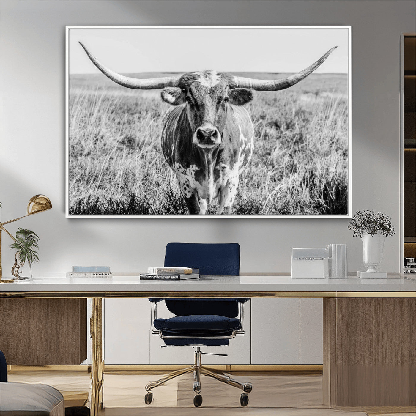 MGV-FC-36X24 - Texas Cow Longhorn Wall Art Canvas Print for Farm House Wall Decor, Farmhouse Wall Art Print