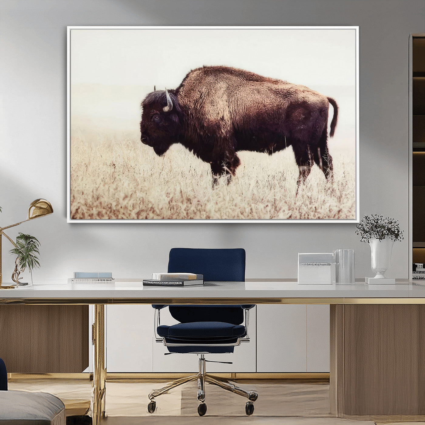 MGV-FC-36X24 - Bison in Field Wall Art Canvas Print For Farmhouse Barn Decor