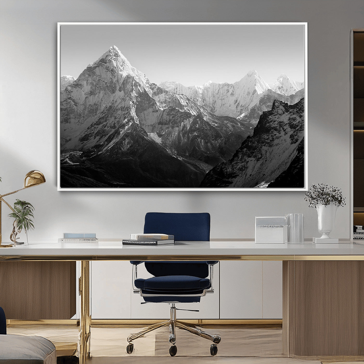 MGV-FC-36X24 - Everest Himalaya Mountain Peaks Black & White Triptych Canvas Art – Mountain Wall Decor for Minimalist Interiors