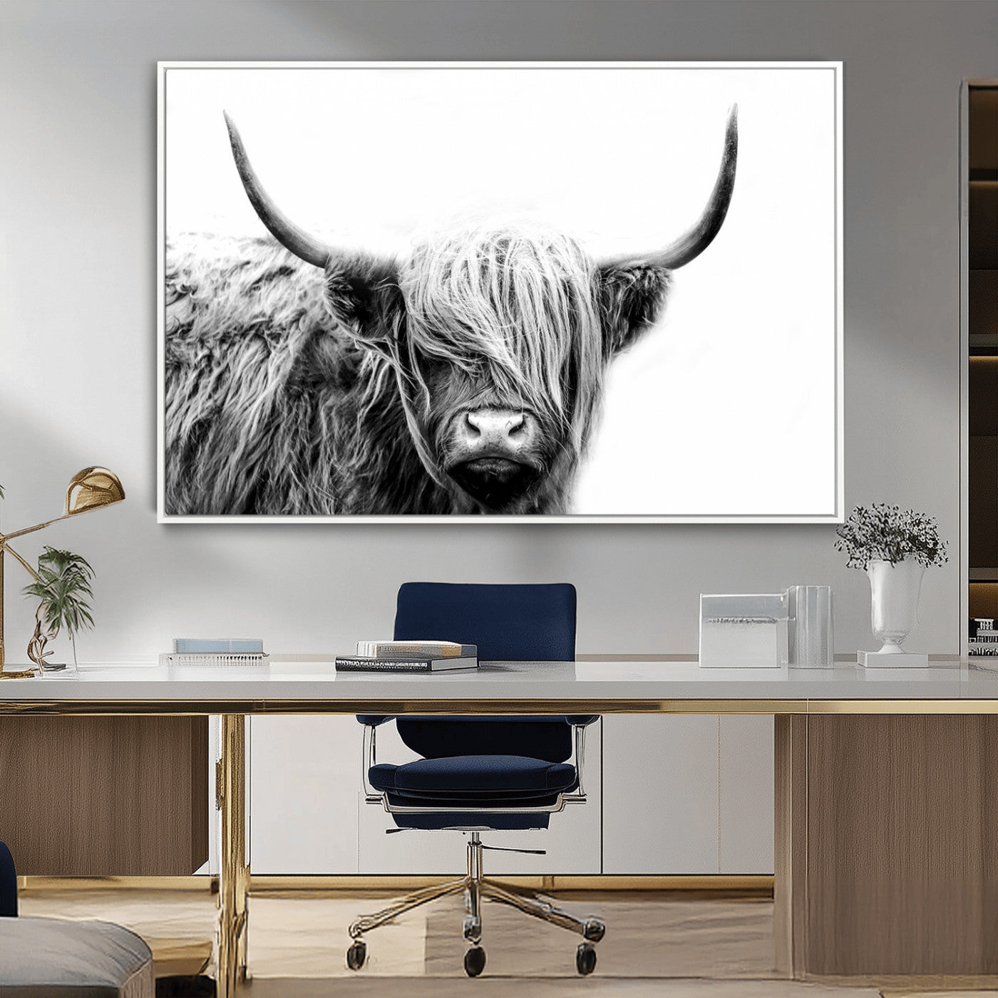 MGV-FC-36X24 - Black White Scottish Highland Cow Cattle Art Print Farmhouse Wall Art Canvas Print