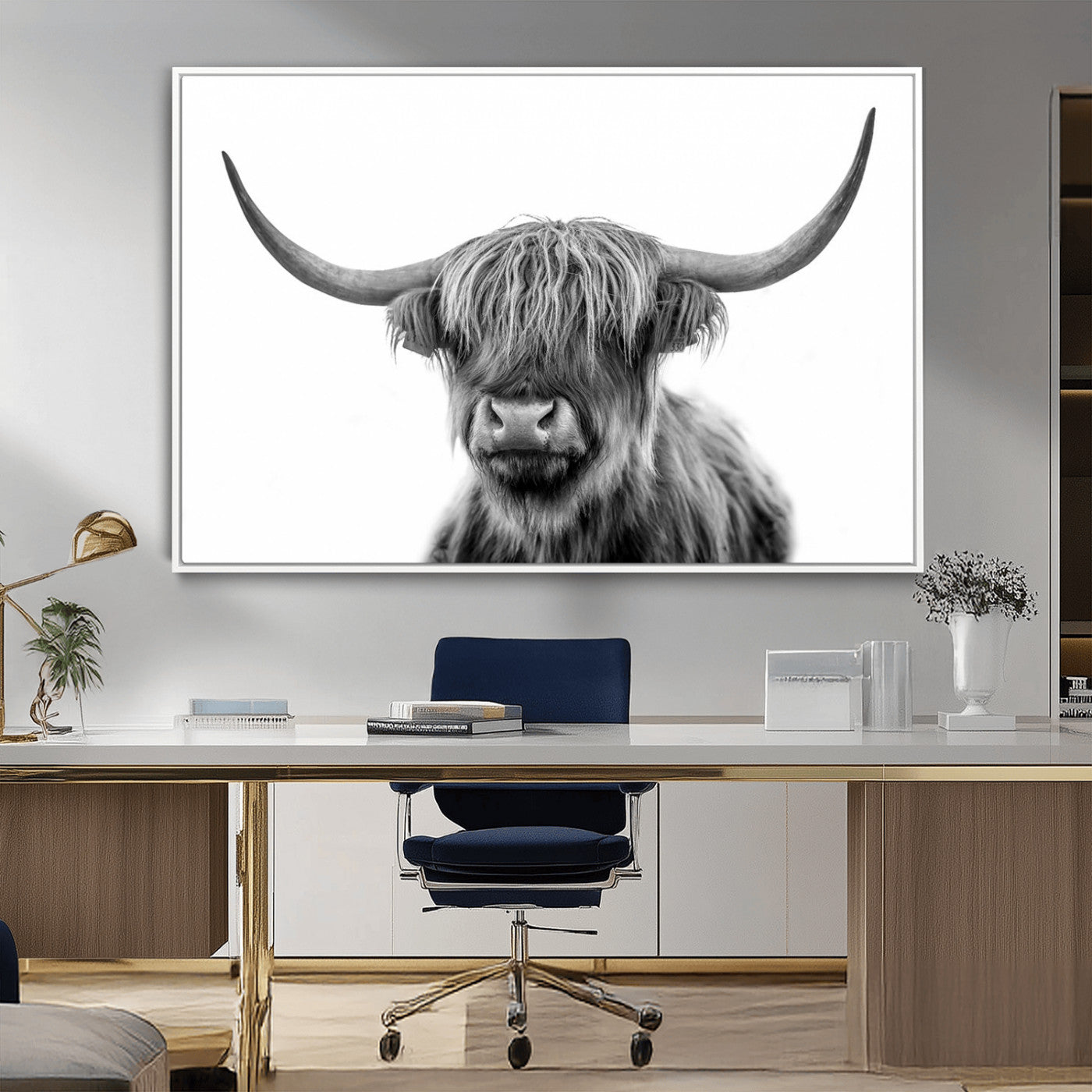 MGV-FC-36X24 - Grayscale Scottish Highland Cow Cattle Art Print Farmhouse Wall Art Canvas Print