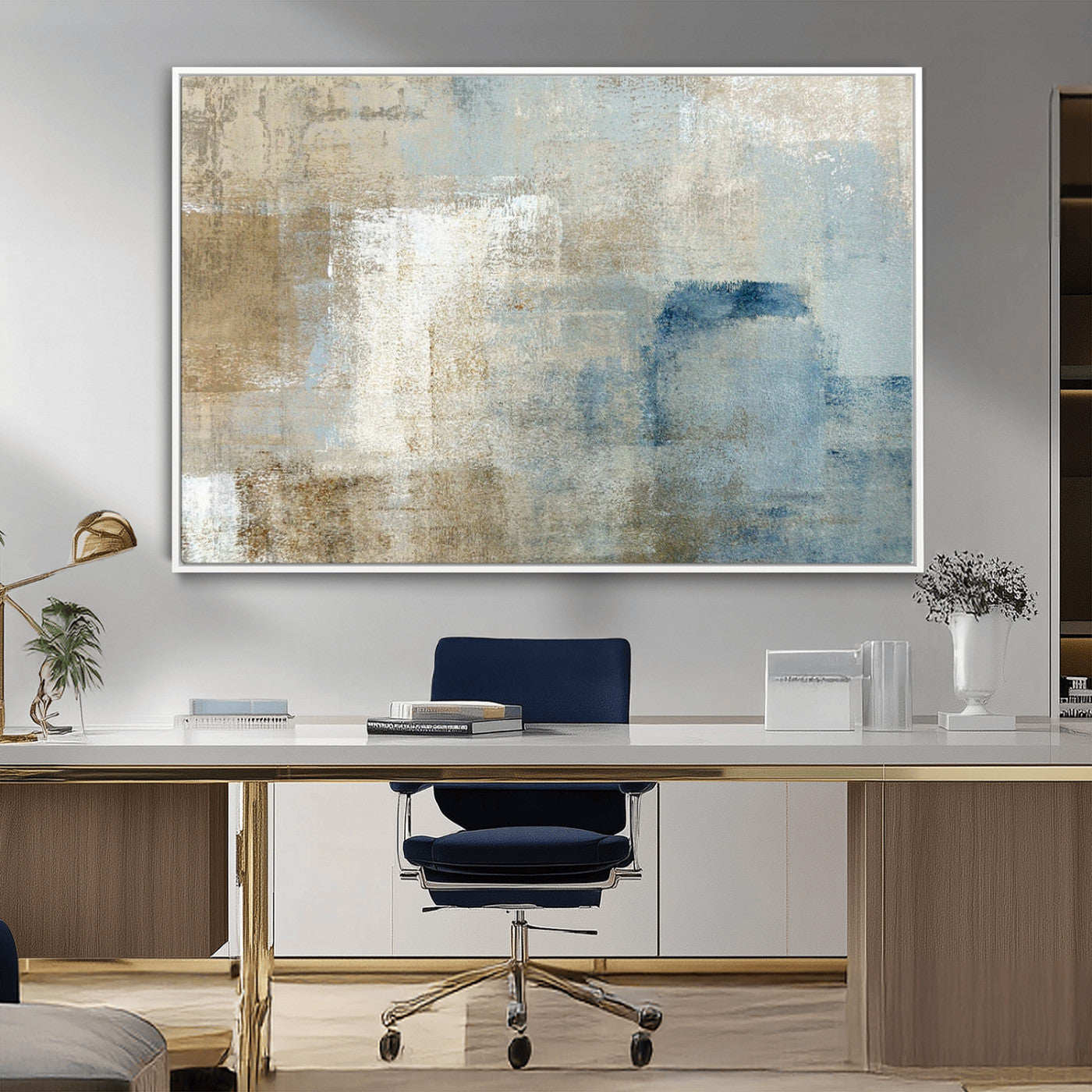 MGV-FC-36X24 - Abstract Blue and Beige Wall Art, Modern Minimalist Canvas Print Set, Giclee Textured Art, Large Multi-Panel Artwork for Living Room