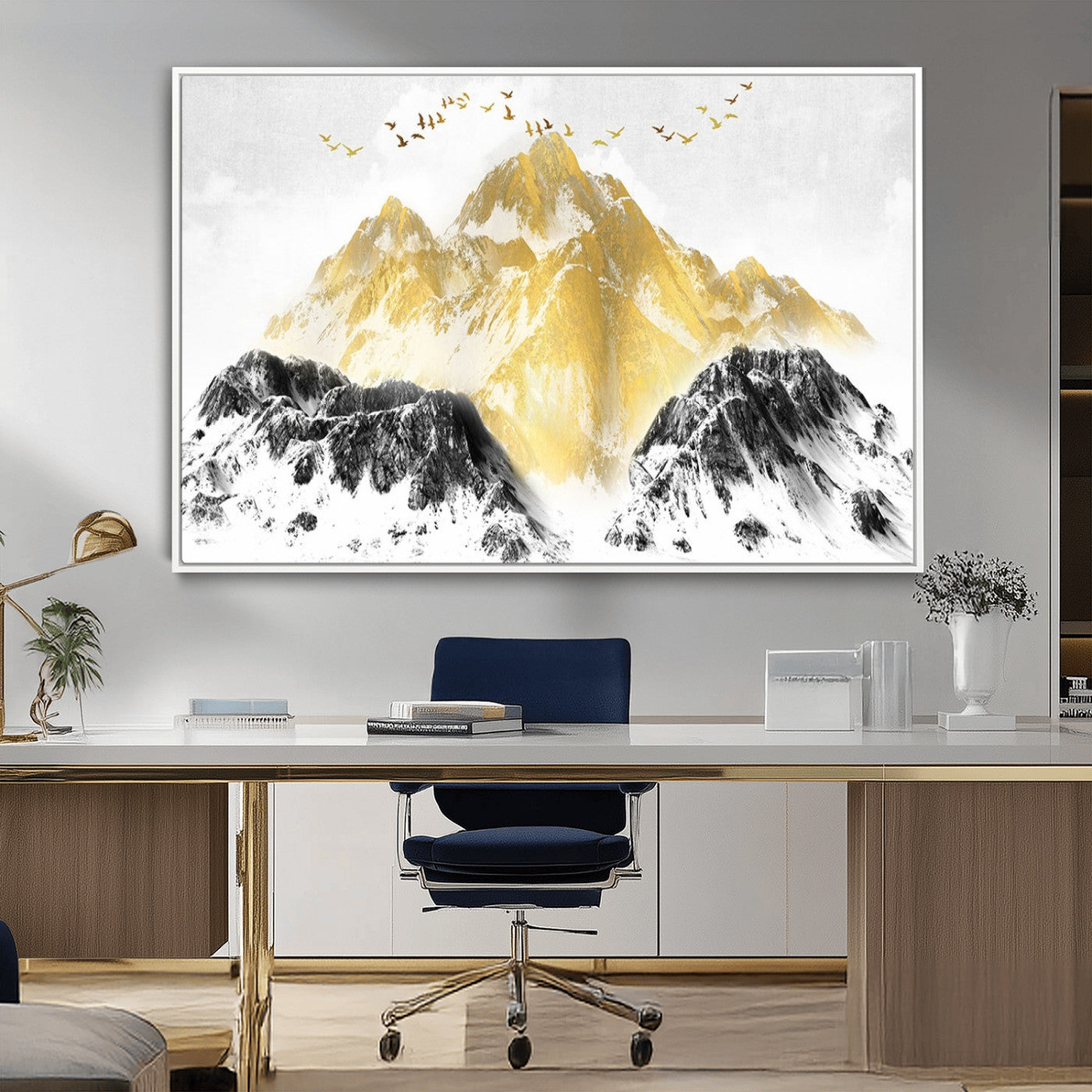 MGV-FC-36X24 - Golden Mountain Triptych Wall Art, Modern Giclee Canvas Print, Nature Landscape Decor for Living Room, Contemporary Gold and Black Wall Art