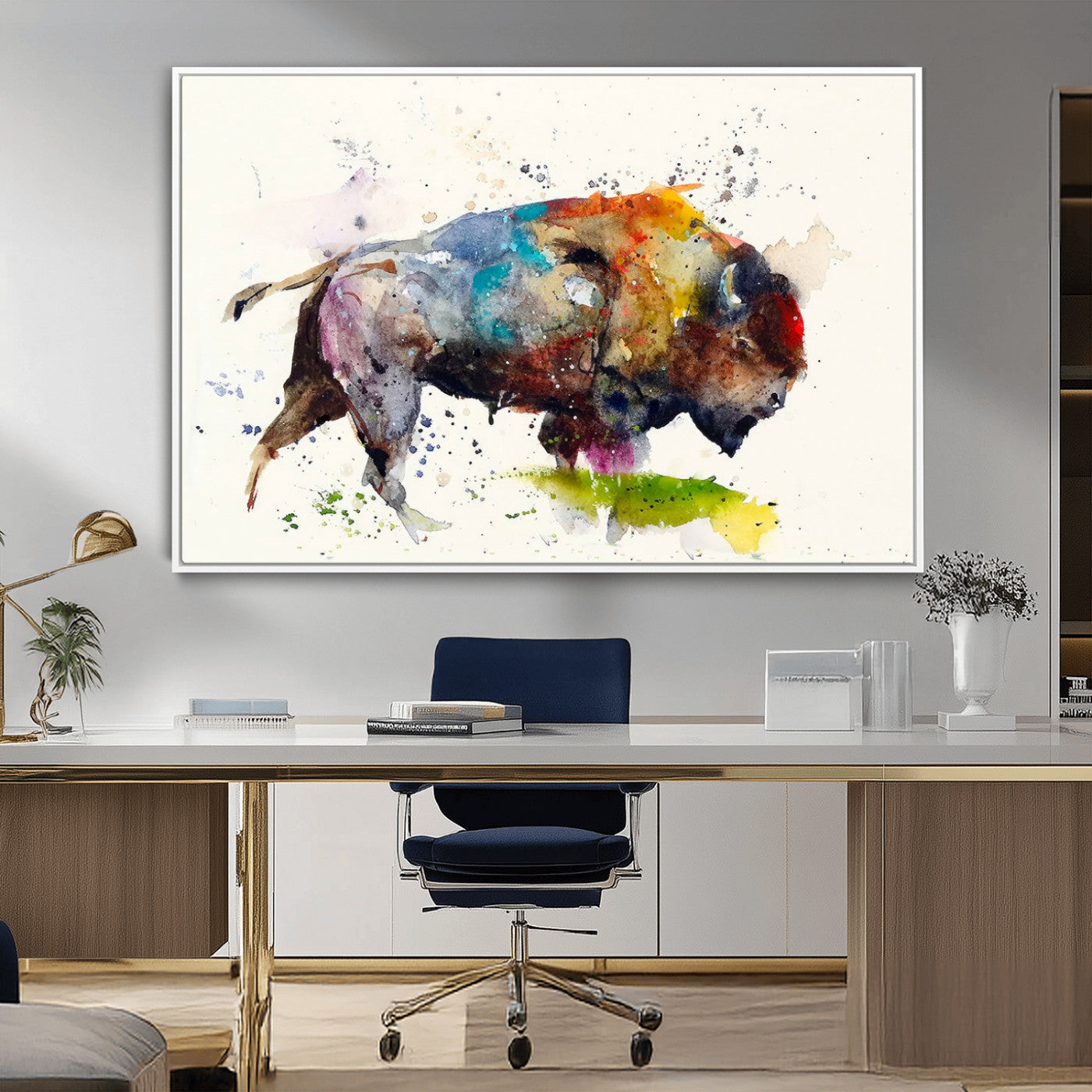 MGV-FC-36X24 - Abstract Buffalo Wall Art, Western Watercolor Bison Canvas Print, Rustic Buffalo Art for Cowboy and Western Decor, Large Multi-Panel Giclee Canvas
