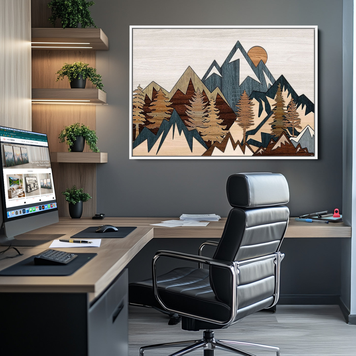 67950-MGV-CV-36X24-Rustic Abstract Wood Panel Effect Canvas Mountain Range Top Wood Wall Art Canvas Print