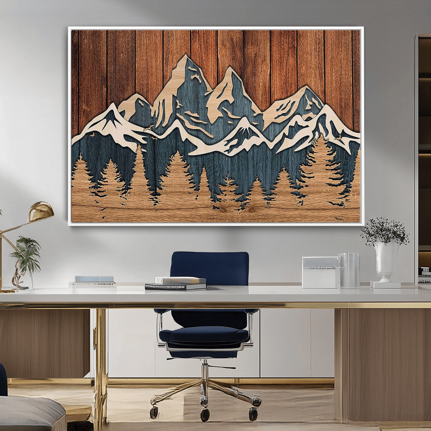 MGV-FC-36X24 - Rustic Wood Style Mountain Wall Art, Nature Forest Canvas Print, Wooden Textured Mountain Artwork, Handcrafted Landscape Decor for Farmhouse Decor