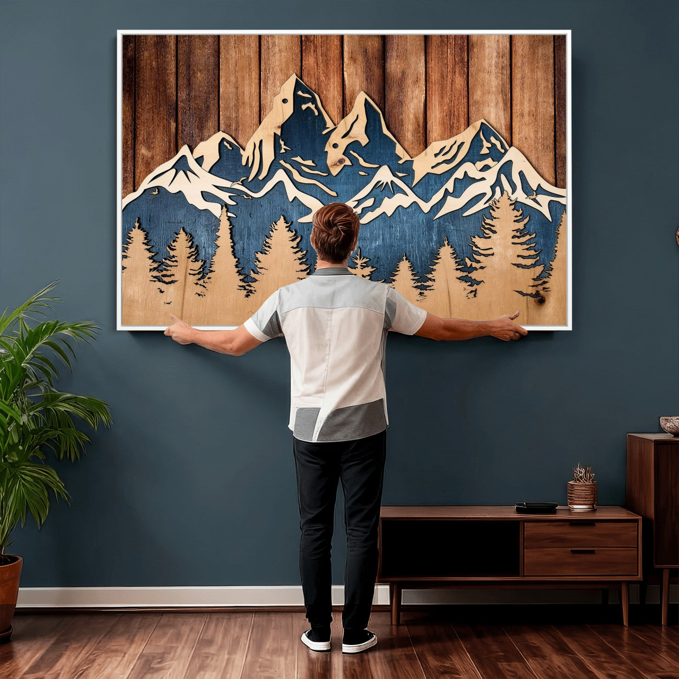 41330-MGV-CV-36X24 - Rustic Wood Style Mountain Wall Art, Nature Forest Canvas Print, Wooden Textured Mountain Artwork Print