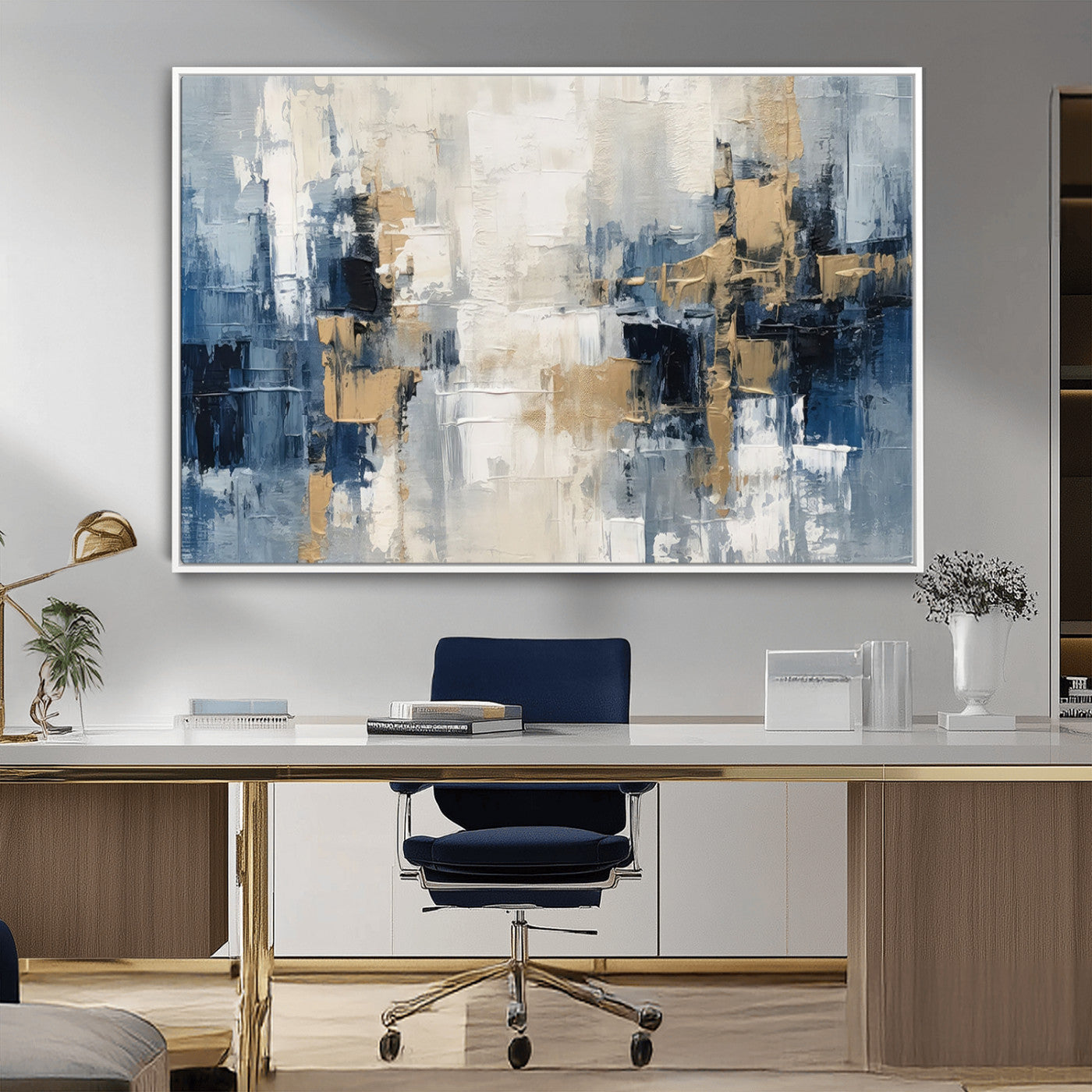 -Modern Abstract Canvas Wall Art in Blue and Gold Tones | Large Contemporary Art for Living Room,