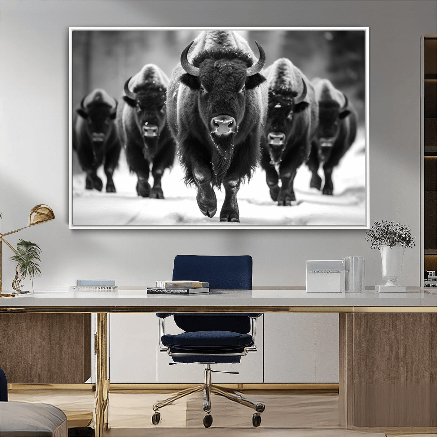 MGV-FC-36X24 - American Bison Art | Buffalo Herd Wall Art Canvas Print, BW American Bison Herd Wall Art Canvas Print