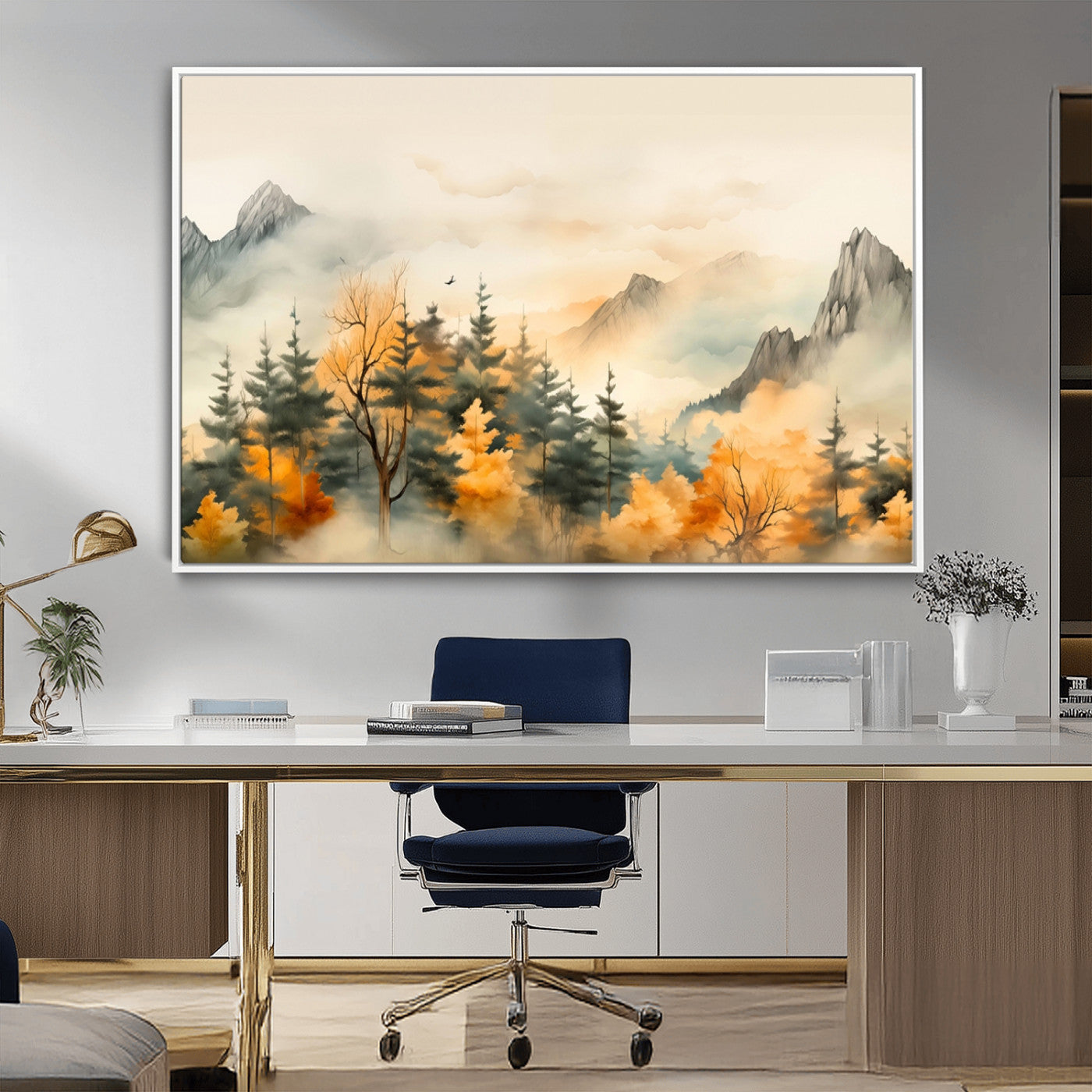 MGV-FC-36X24 - Abstract Watercolor Mountains and Trees Autumn Art, Watercolor Mountains and Trees Canvas Print