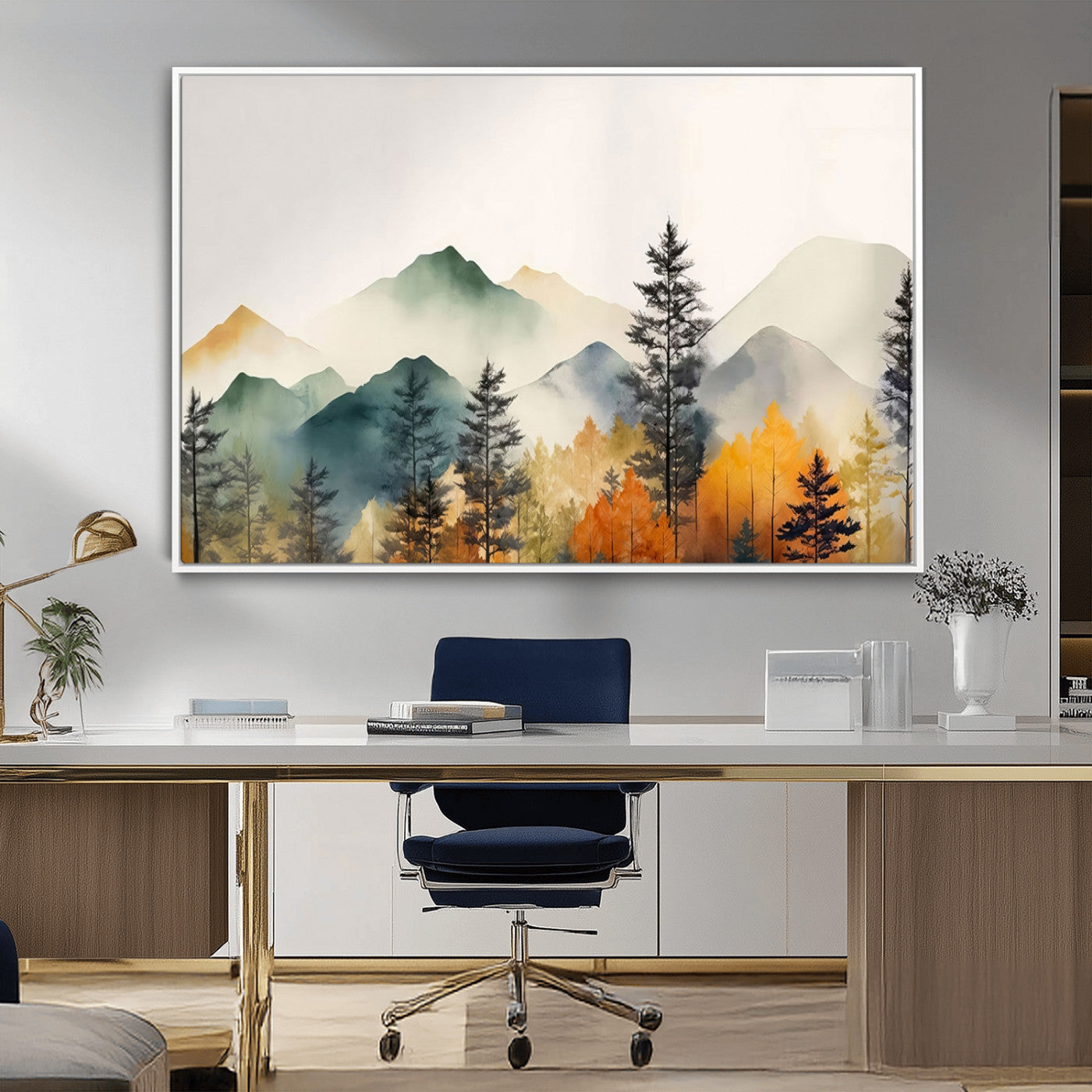 MGV-FC-36X24 - Abstract Watercolor Mountains and Trees Autumn Wall Art, Mountains and Trees Autumn Wall Art Canvas