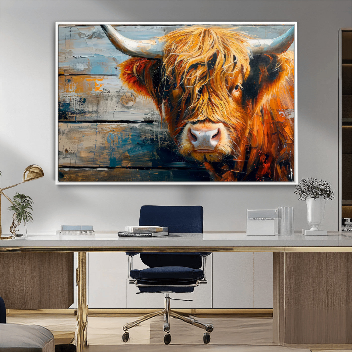 -Highland Cow Abstract Canvas Wall Art – Bold Farmhouse Rustic Decor – Ready to Hang