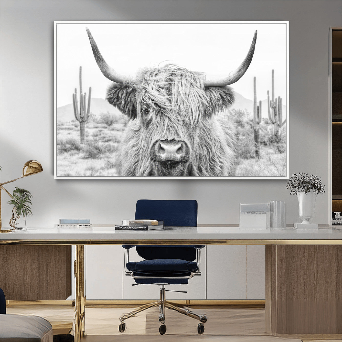 -Rustic Charm | Cow Longhorn Black White Bighorn Wall Art Canvas Print | Farmhouse Wall Art