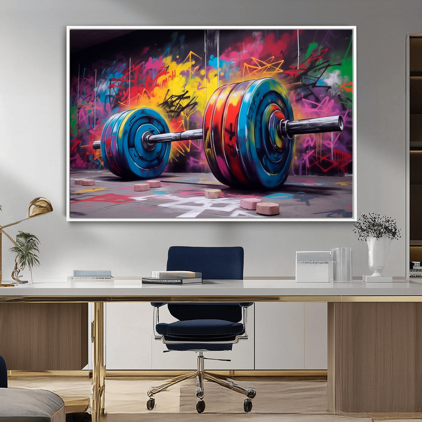MGV-FC-36X24 - Abstract Graffiti Barbell Canvas Wall Art – Urban Fitness Meets Bold Street Art Print - Gym Wall Art Print