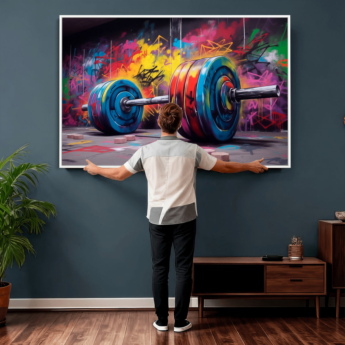13549-MGV-CV-36X24 - Abstract Graffiti Barbell Canvas Wall Art | Urban Fitness Meets Bold Street Art