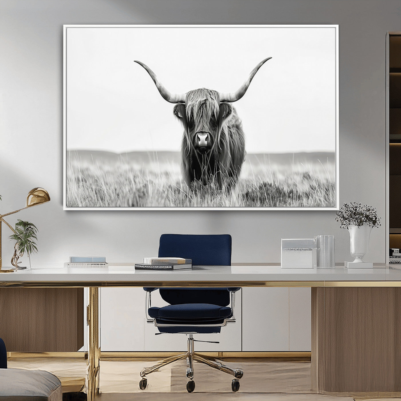 MGV-FC-36X24 - Highland Cow Canvas Wall Art – Majestic Beauty in Black and White – Ready to Hang