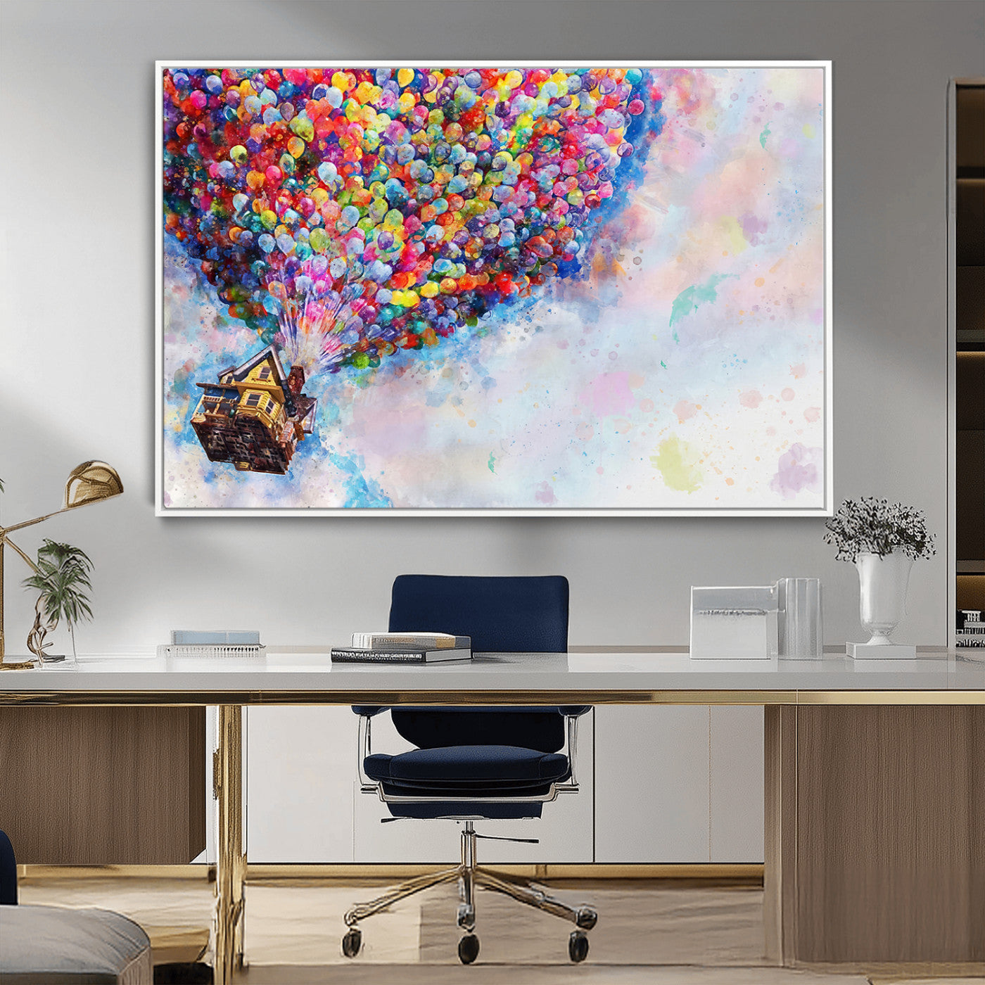 MGV-FC-36X24 - Don't Look Up Movie Canvas Wall Art - Vibrant Floating House and Balloons Scene, Tribute to Iconic