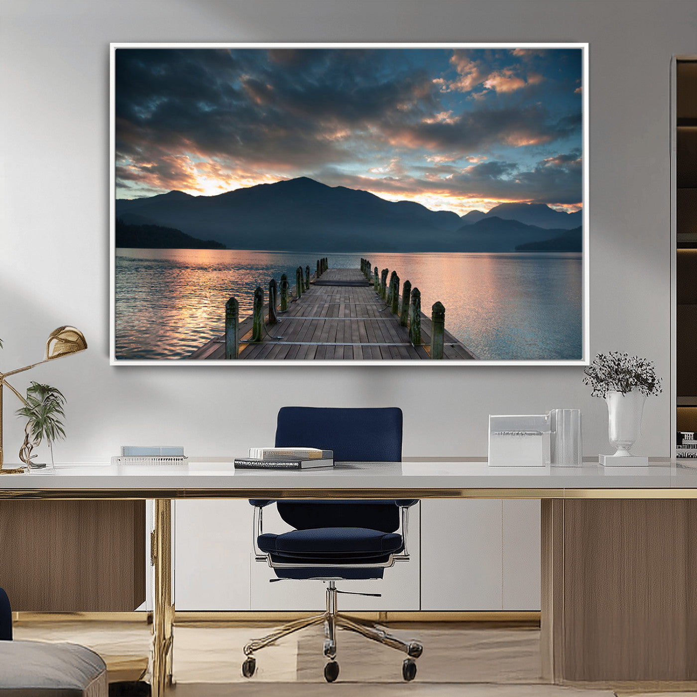 MGV-FC-36X24 - Mountain Lake Wood Pier Canvas Wall Art Nature Lake Print