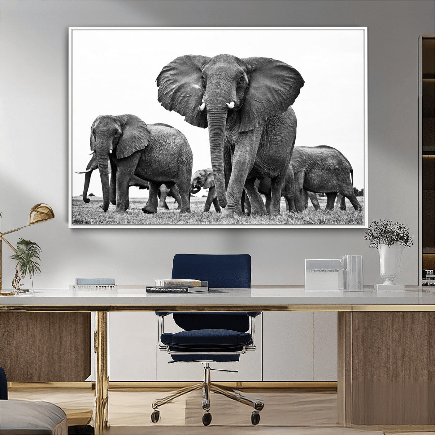 MGV-FC-36X24 - Black White Elephant Family Wall Art Canvas Print