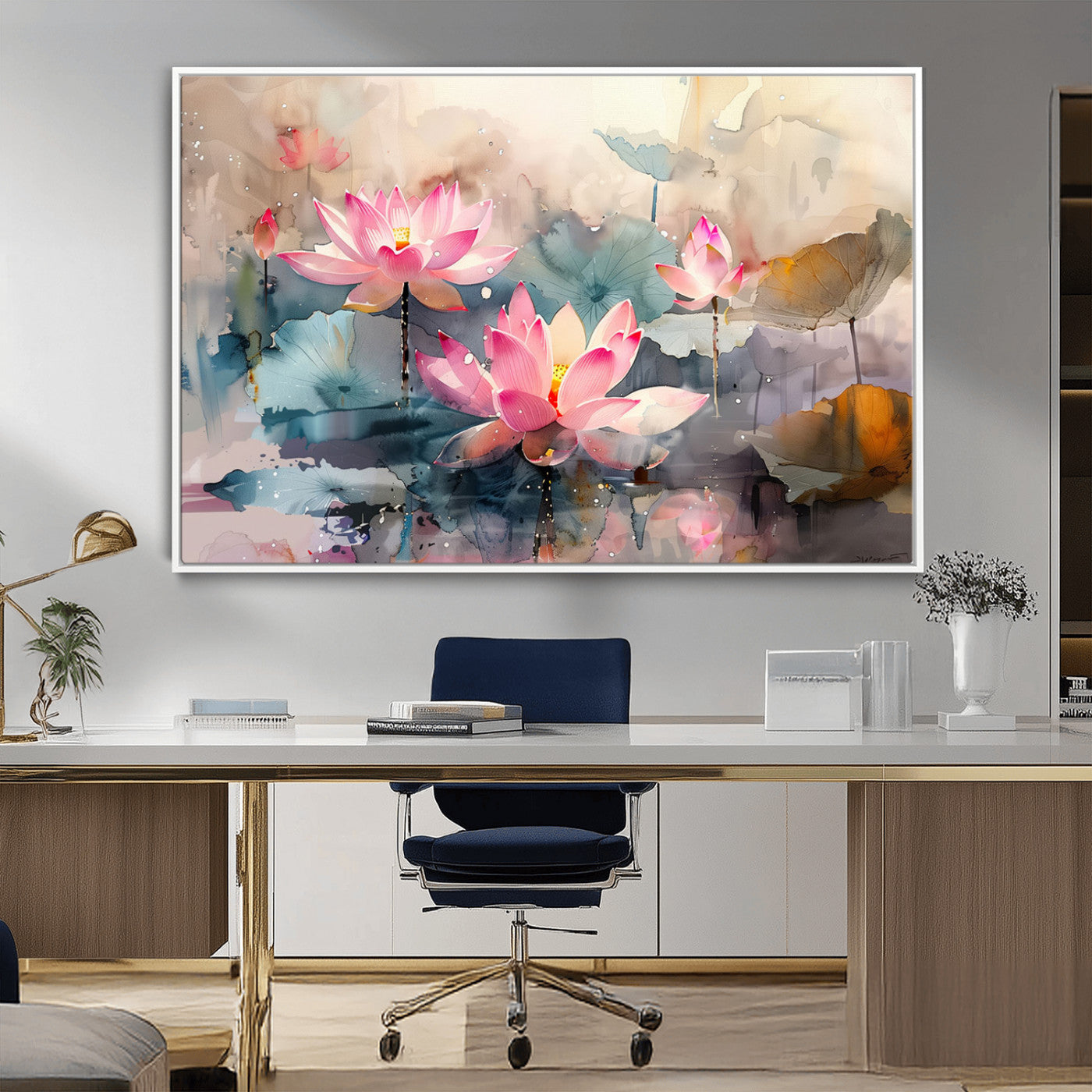 MGV-FC-36X24 - Lotus Flower Wall Art | 3-Panel Giclee Canvas Print of Pink Lotus Blossoms for Living Room, Bedroom, Office | Framed Lotus Floral Wall Art Decor Print