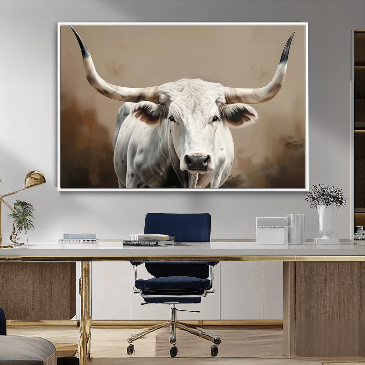 -White Longhorn Bull Wall Art Canvas Print – Framed and Ready to Hang – Perfect for Farmhouse and
