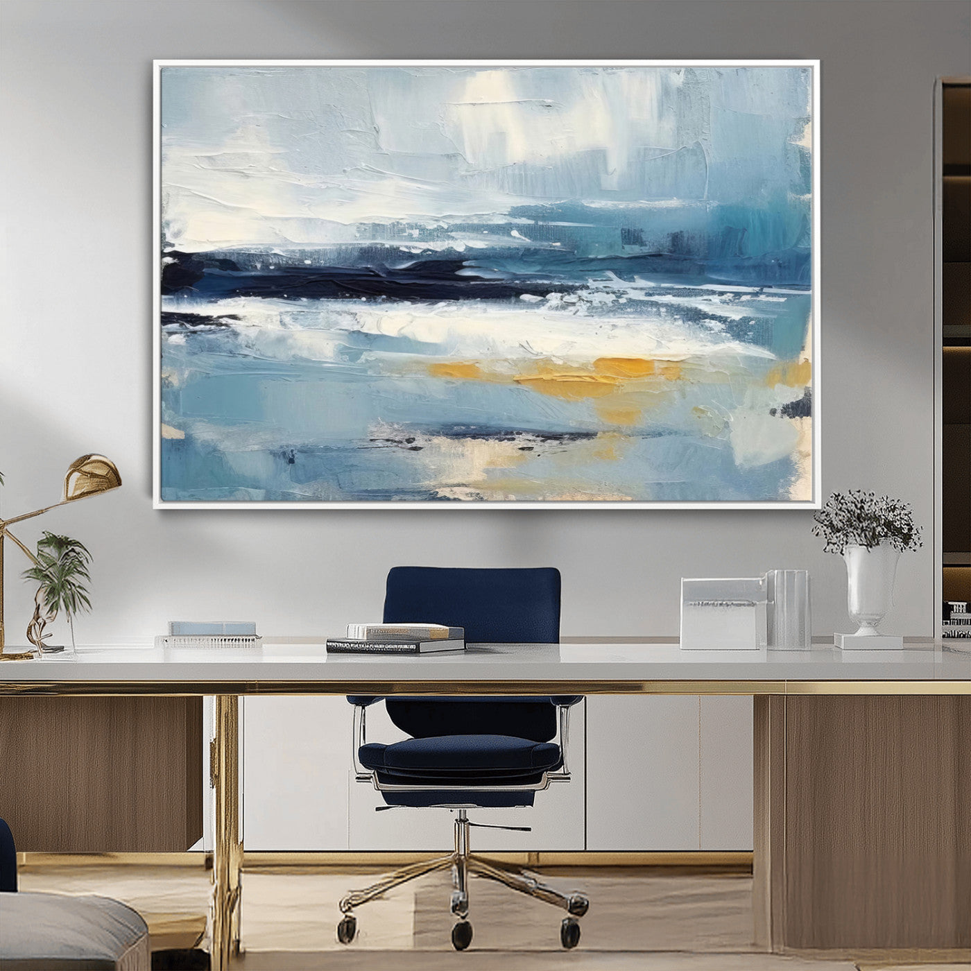 MGV-FC-36X24 - Abstract Ocean Canvas Wall Art - Coastal Blue and Gold Textured Painting, Modern Seascape Decor for Living Room Decor