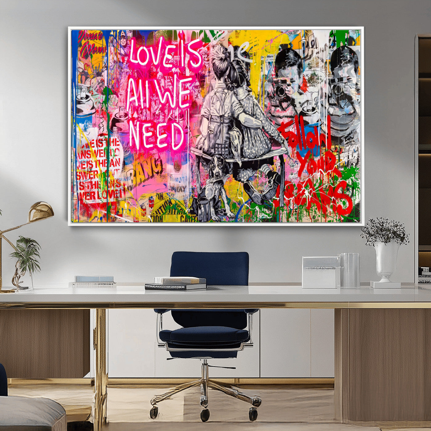 MGV-FC-36X24 - Follow Your Dreams & Love is All We Need Graffiti Street Art Triptych | 3-Panel Colorful Urban Wall Art for Living Room, Office, Loft Graffiti Wall Art Print