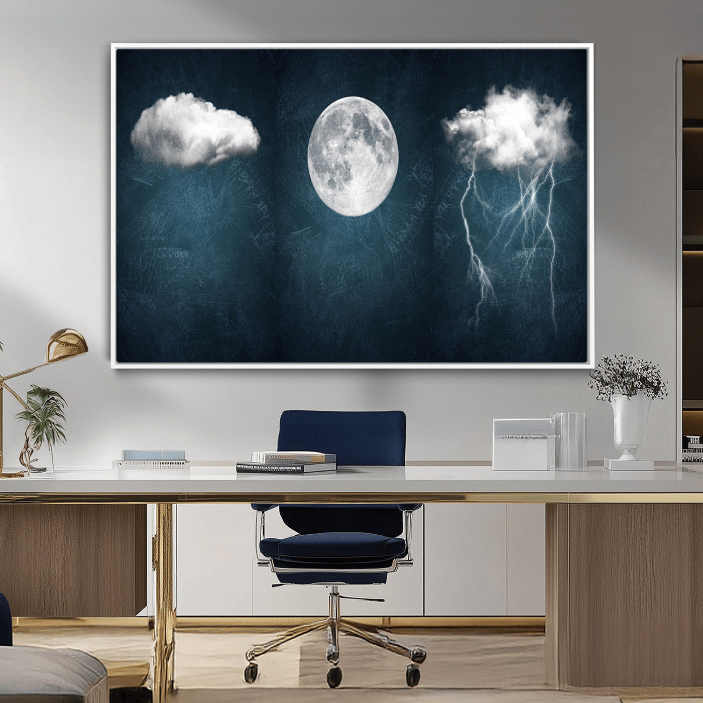 -3 Piece Indigo Cloud Wall Art, Thunderstorm Moon Cloud Artworks