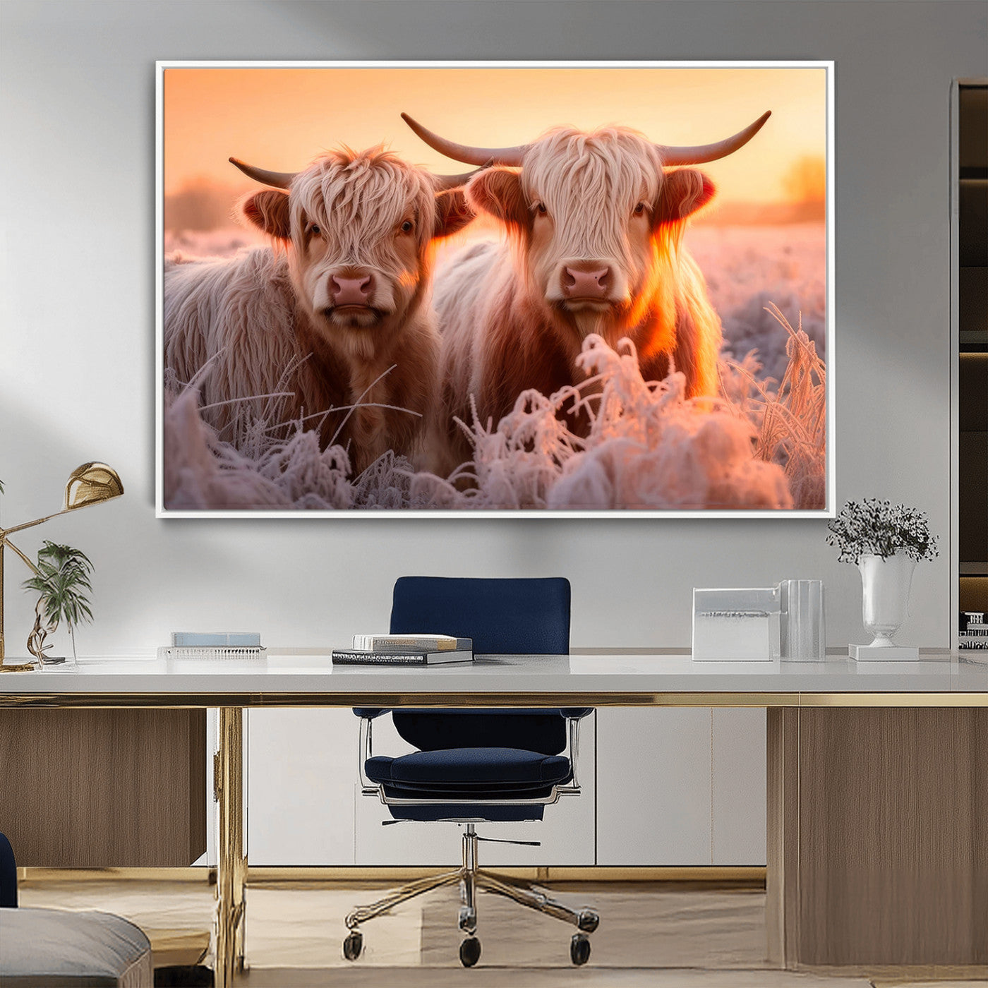 -Highland Cows at Sunrise Wall Art Canvas Set – Serene and Rustic Farmhouse Decor