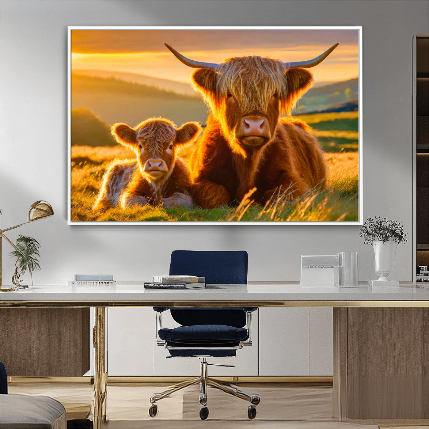 -Scottish Cow and Baby Cow Canvas Wall Art Animal Print Fluffy Cattle Framed Farmhouse Decor