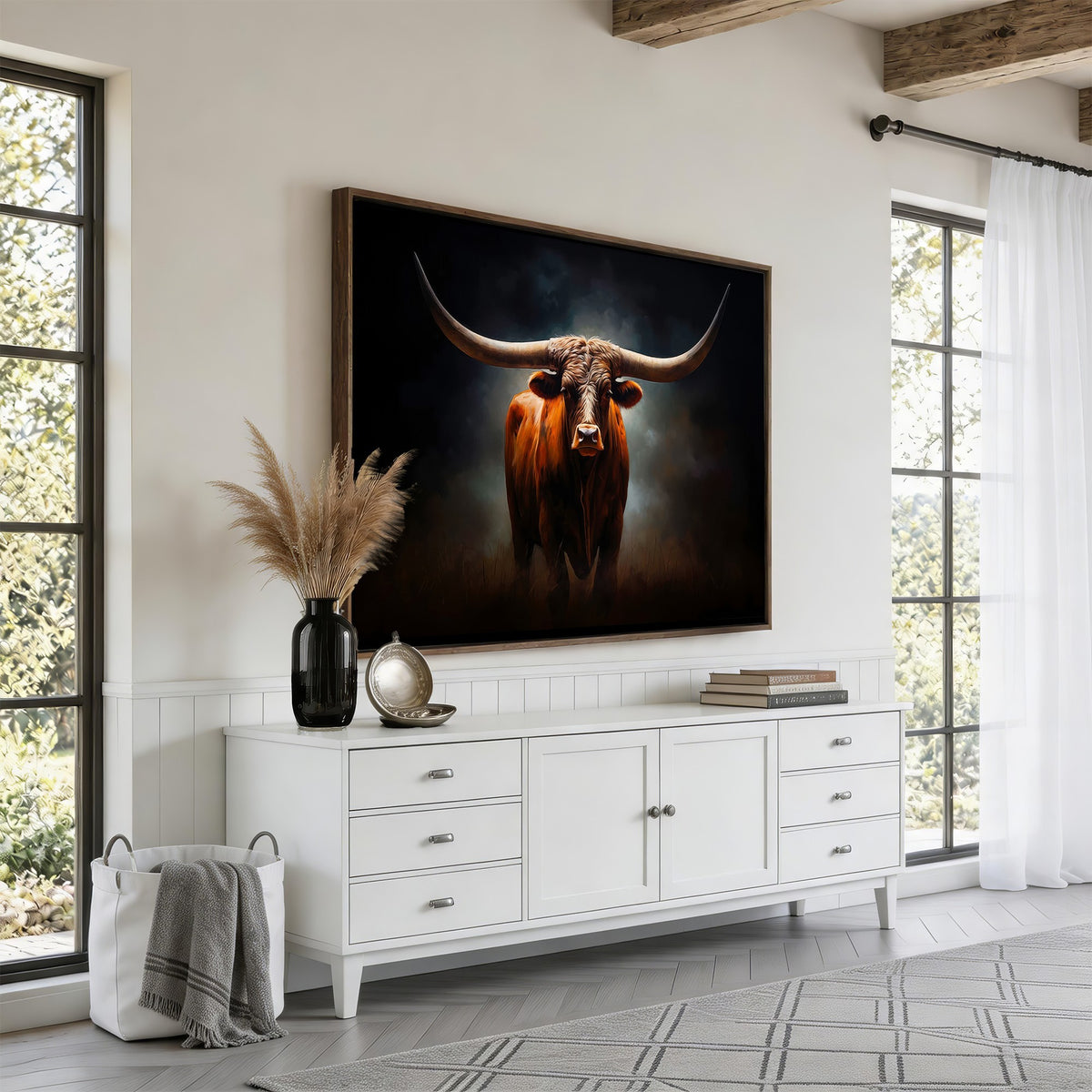 48896-MGV-CV-24X16 - Abstract Texas Longhorn Wall Art Print | 3-Panel Large Texas Longhorn Canvas