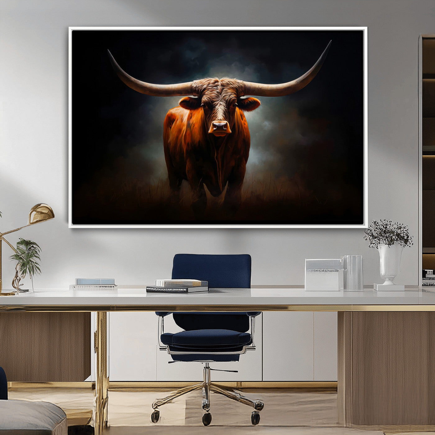 MGV-FC-36X24 - Abstract Texas Longhorn Wall Art Print | 3-Panel Large Texas Longhorn Canvas Print for Living Room, Office  Farmhouse Decor | Framed Longhorn Wall Art