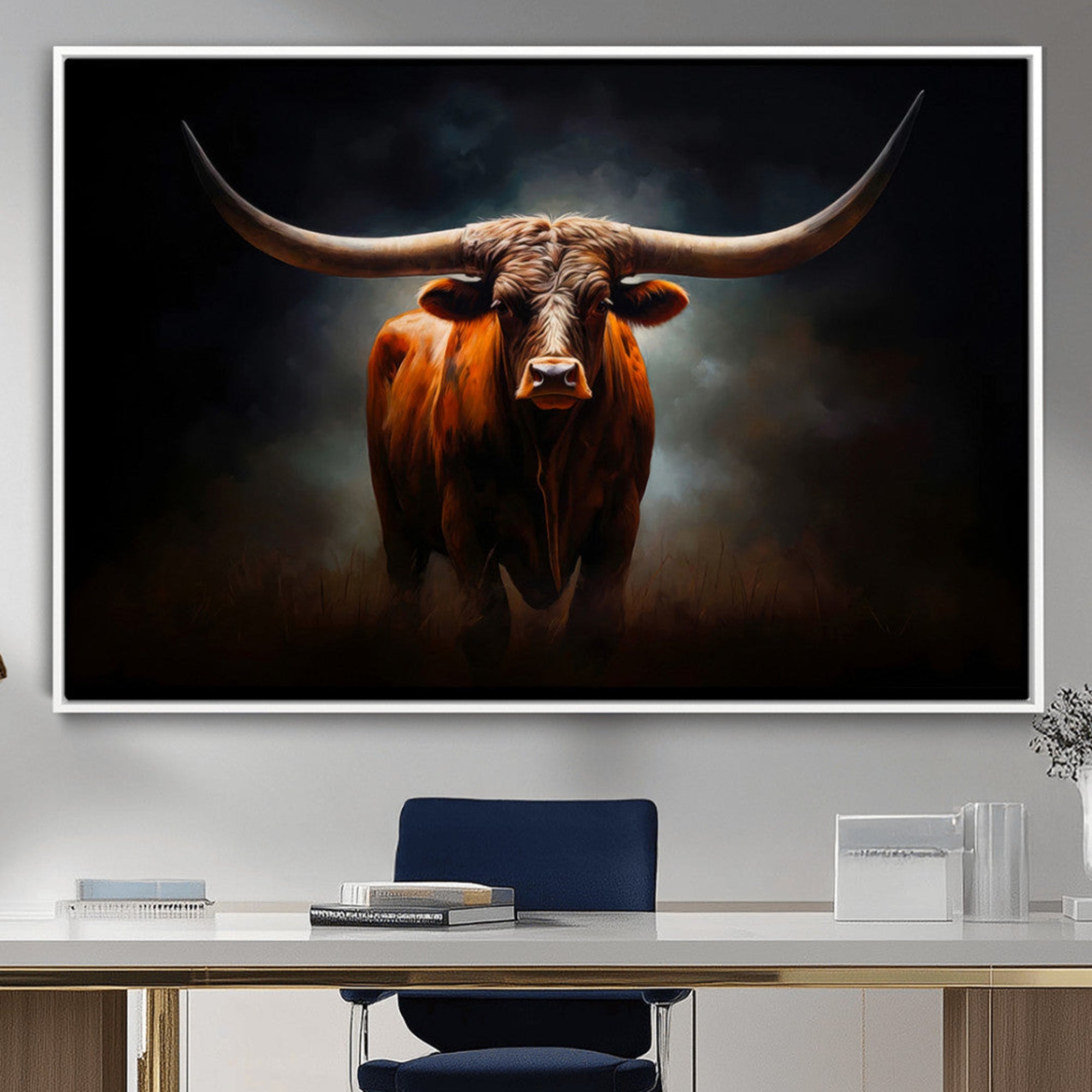 48896-MGV-CV-36X24-Abstract Texas Longhorn Wall Art Print | 3-Panel Large Texas Longhorn Canvas Print for Living Room,