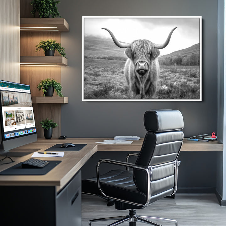 Black White Scottish Highland Cow Canvas Farm Wall Art Canvas Print