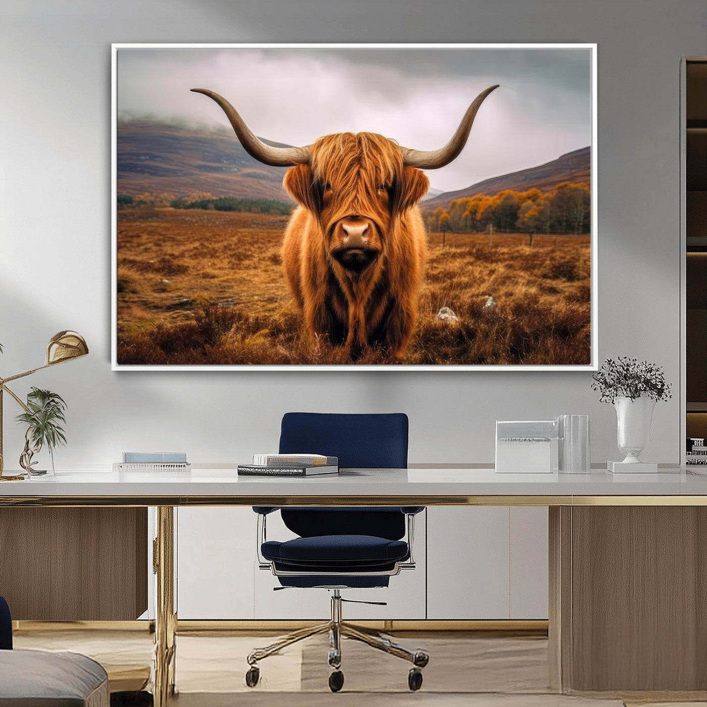 65529-MGV-FC-36X24_White-Highland Cow Longhorn Wall Art – Rustic Canvas Print, Framed and Ready to Hang for Farmhouse Décor