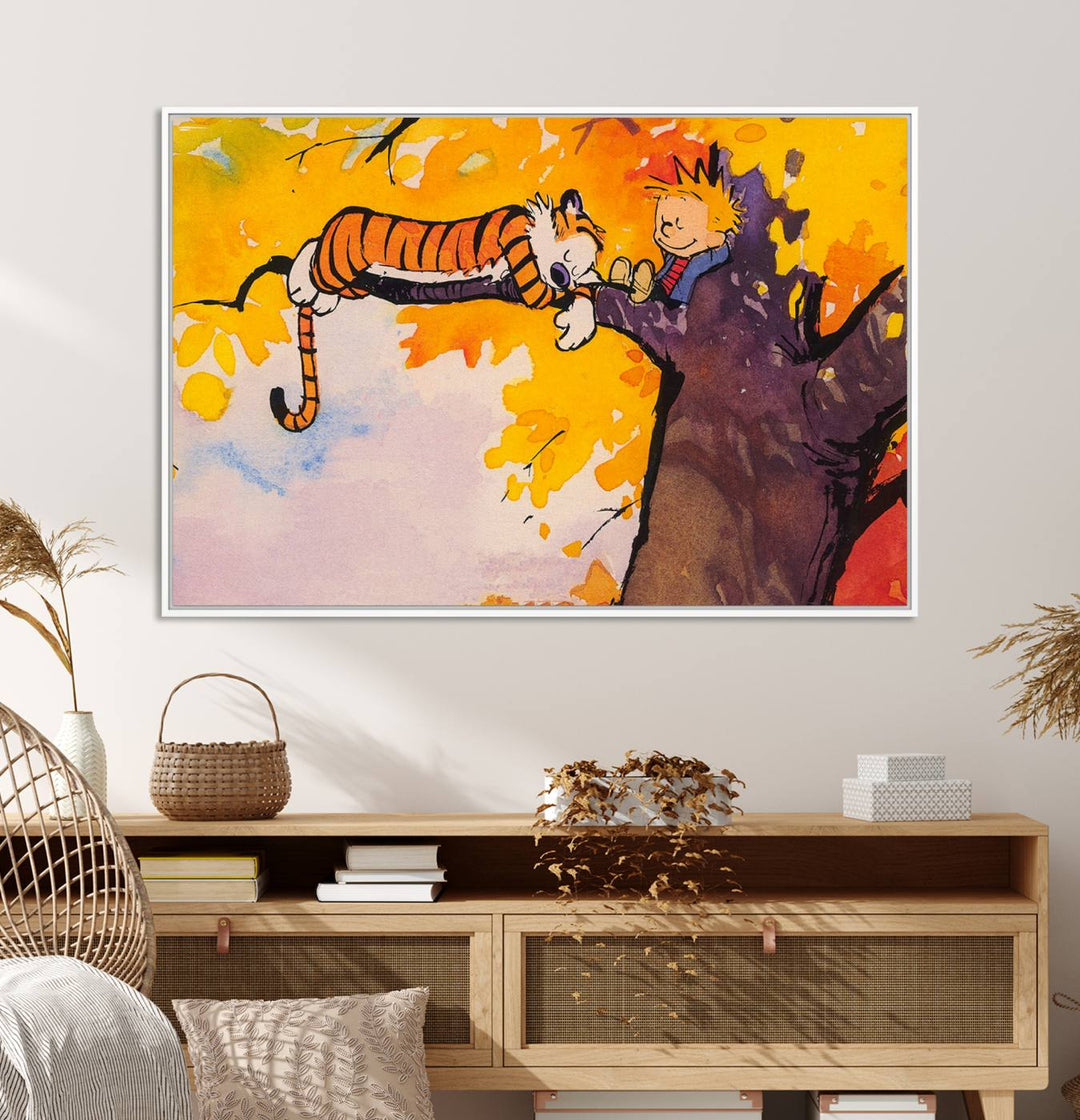 Premium canvas Calvin Wall Arts featuring a boy and tiger relaxing on a branch.