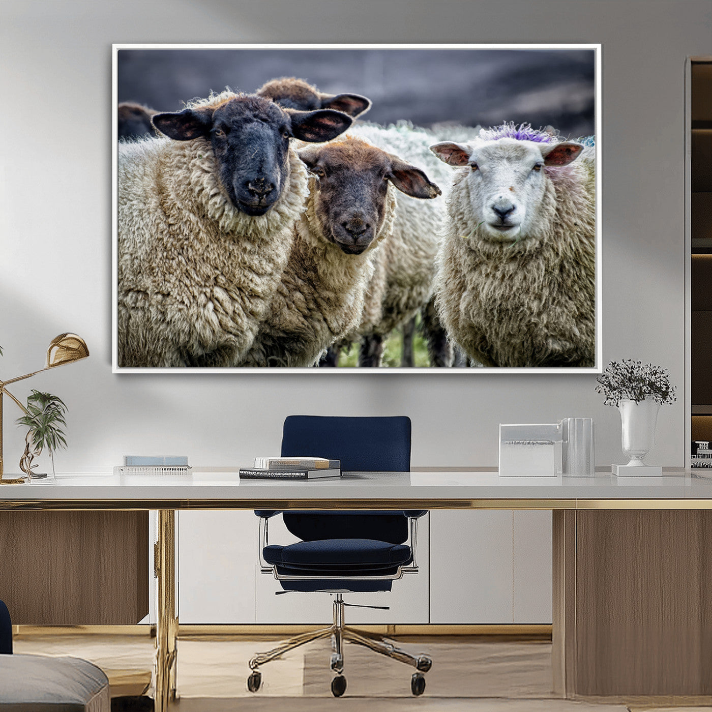 -Charming Sheep Portrait Wall Art – Trio of Woolly Companions Canvas Print, Framed, Ready to Hang