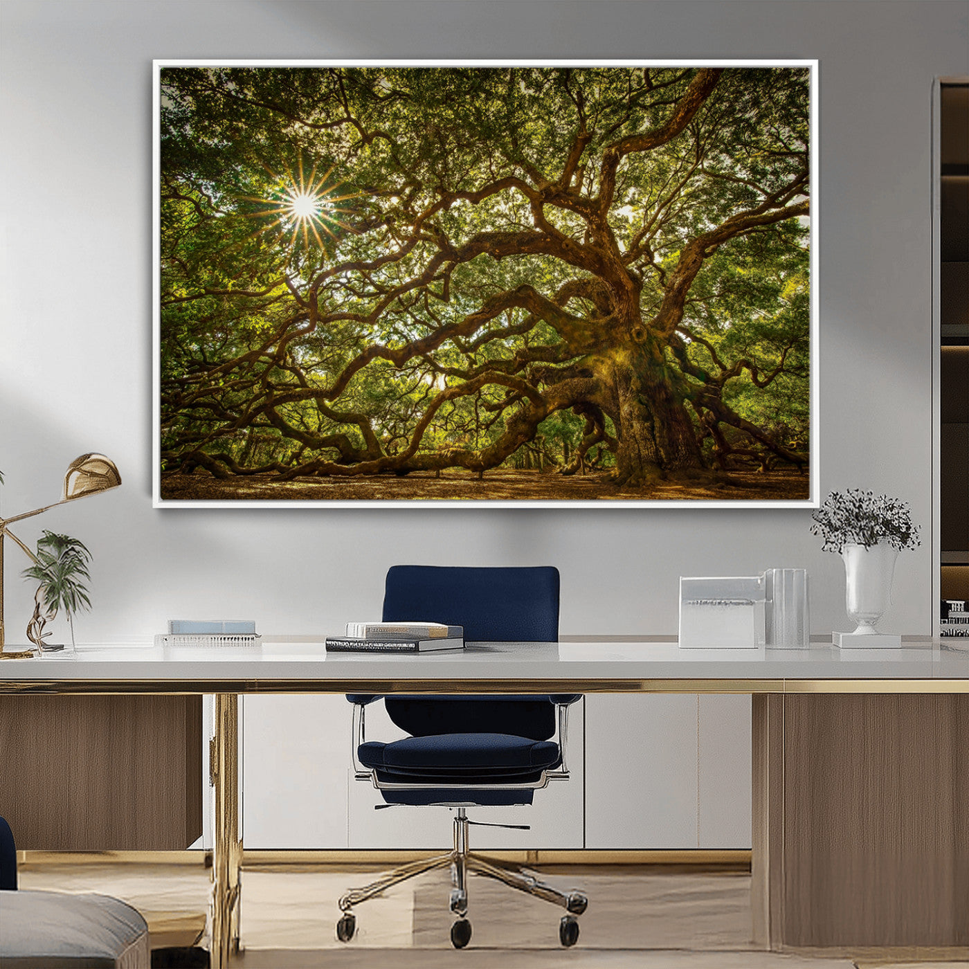 MGV-FC-36X24 - Ancient Angel Oak Tree Art Sunburst Canvas Print- Nature-Inspired Triptych Canvas Print, Framed, Ready to Hang