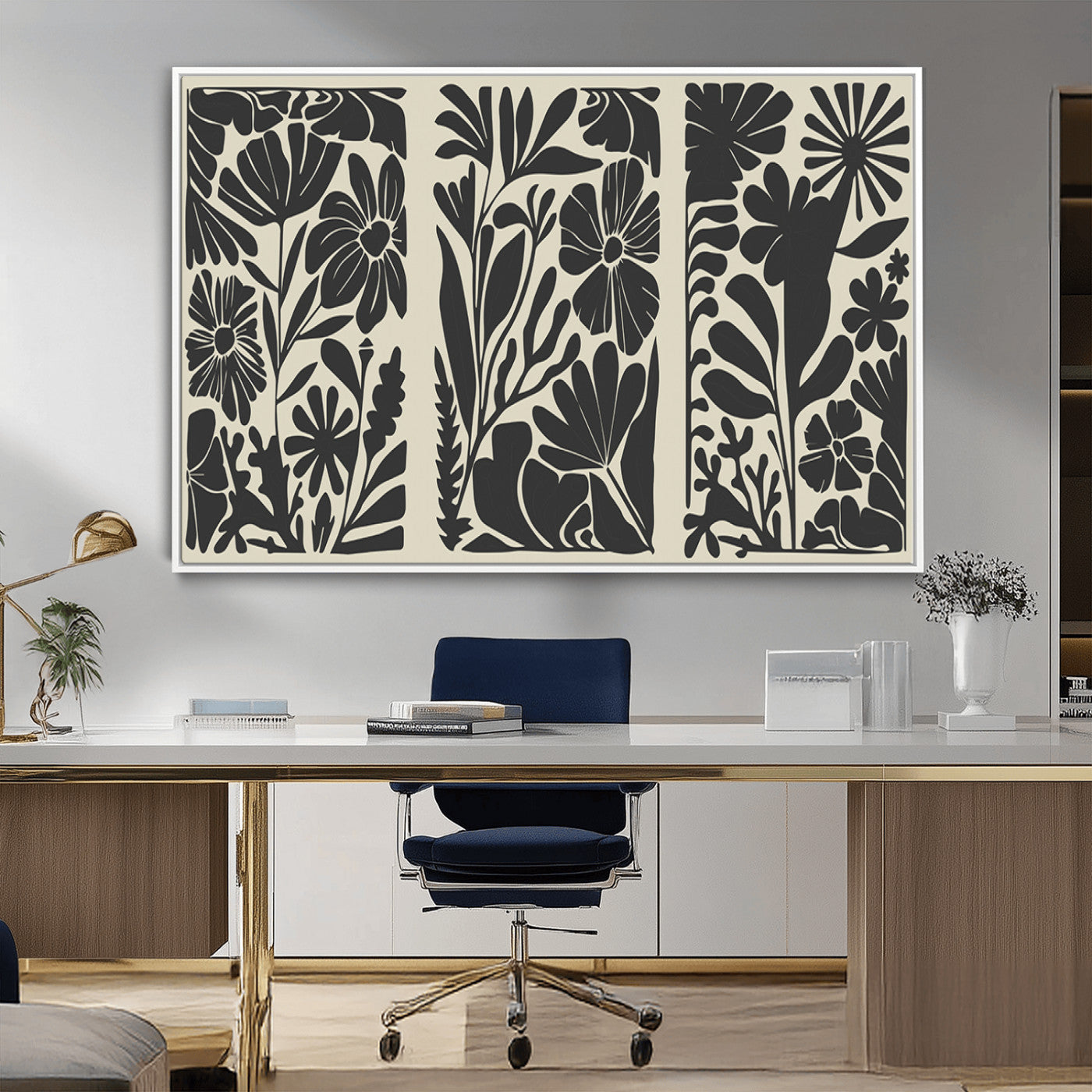 MGV-FC-36X24 - Modern Botanical Wall Art - Floral Black and White Canvas Print, Framed, Ready to Hang