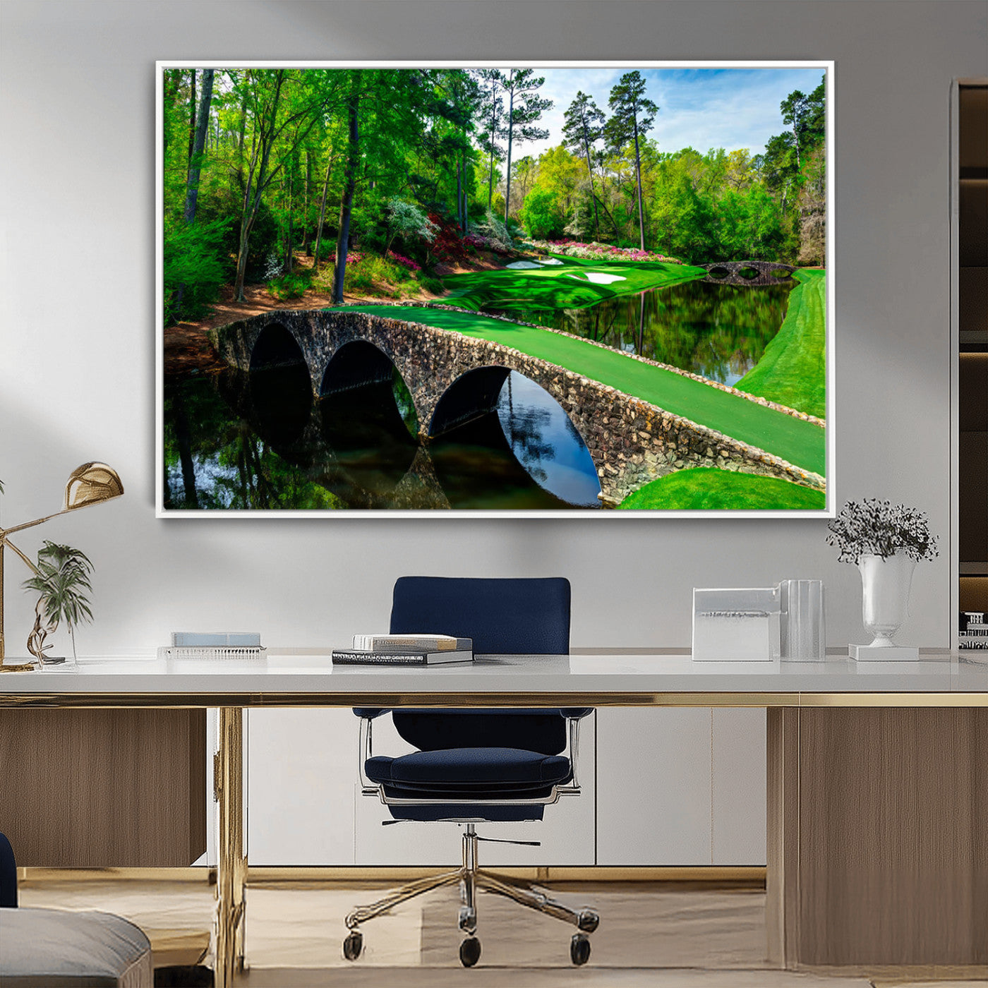 MGV-FC-36X24 - Augusta National Golf Club Wall Art - Panoramic Bridge & Lush Greenery – Premium Framed, Ready-to-Hang Triptych Canvas
