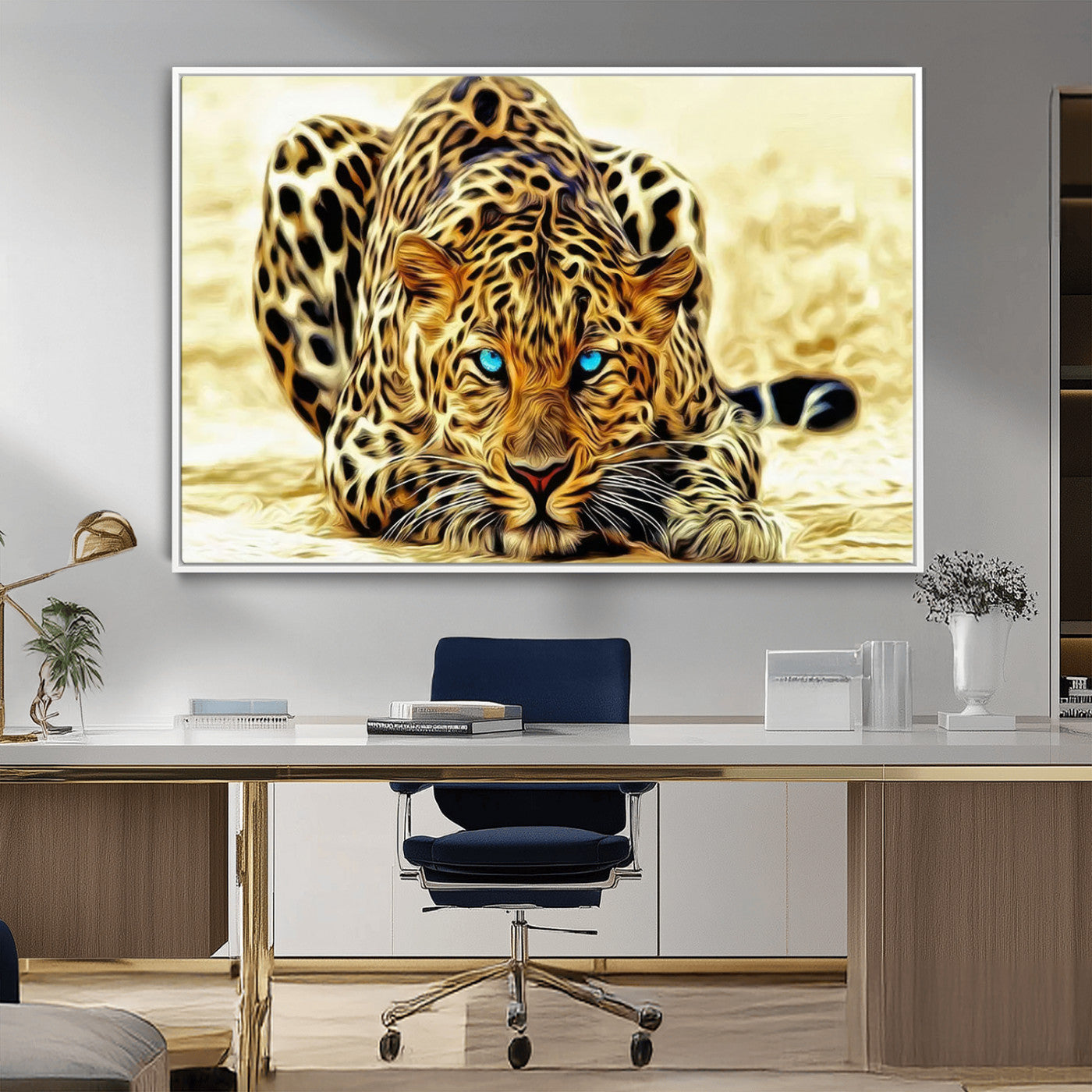 -Blue-Eyed Leopard Canvas Wall Art - Framed Animal Print Ready to Hang - Fierce and Bold Decor for