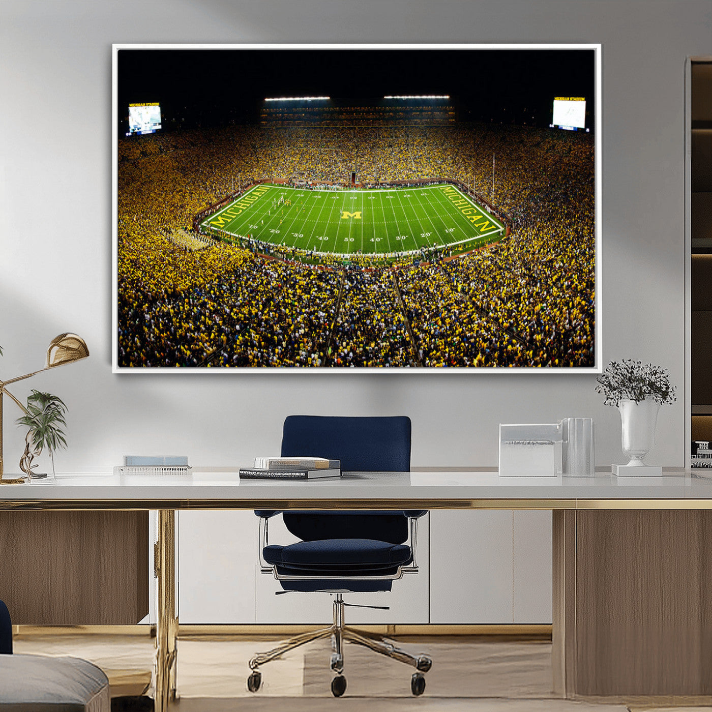 26166-MGV-CV-36X24-Stadium in Michigan Wall Art Canvas Print, Framed American Football Stadium Art Picture Print, Football Stadium Field Perfect Sports Room Decor Artwork
