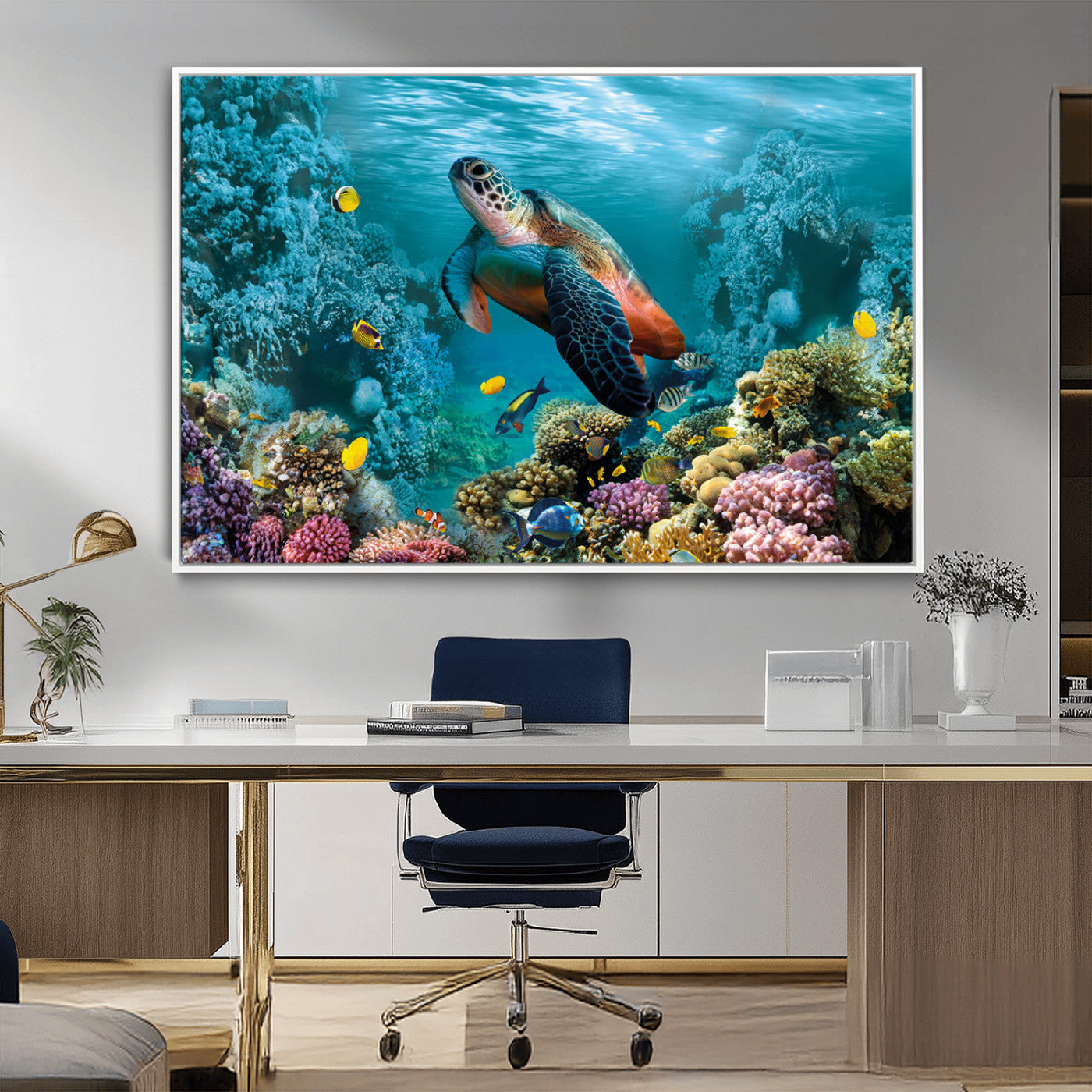 MGV-FC-36X24 - Sea Turtle and Coral Reef Triptych Wall Art – Vibrant Underwater Scene Canvas Set for Ocean Lovers and Coastal Decor – Ready to Hang 3-Panel Artwork