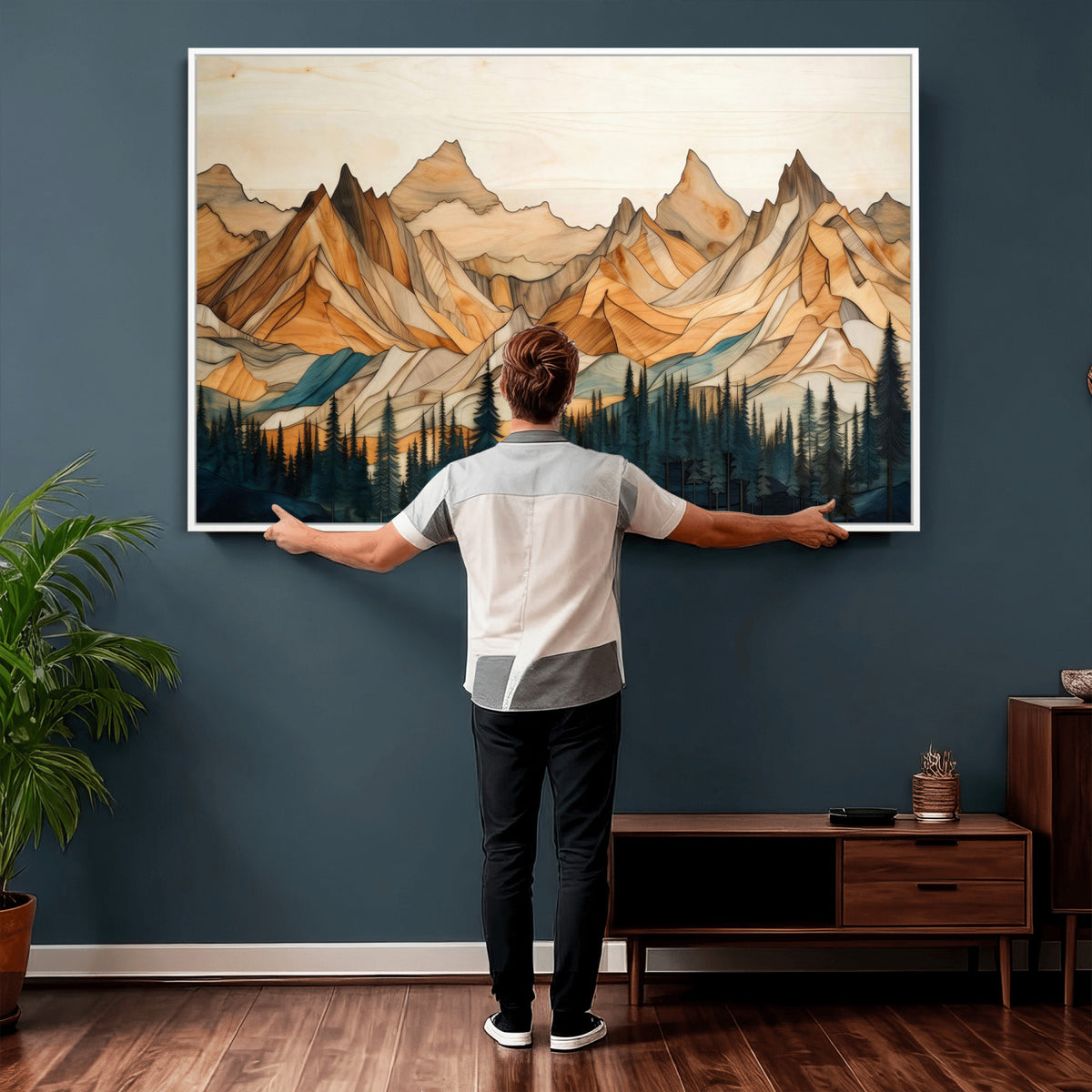 31576-MGV-CV-36X24 - Geometric Wood Mountain Landscape Wall Art Canvas Print, Rustic Forest Painting Print