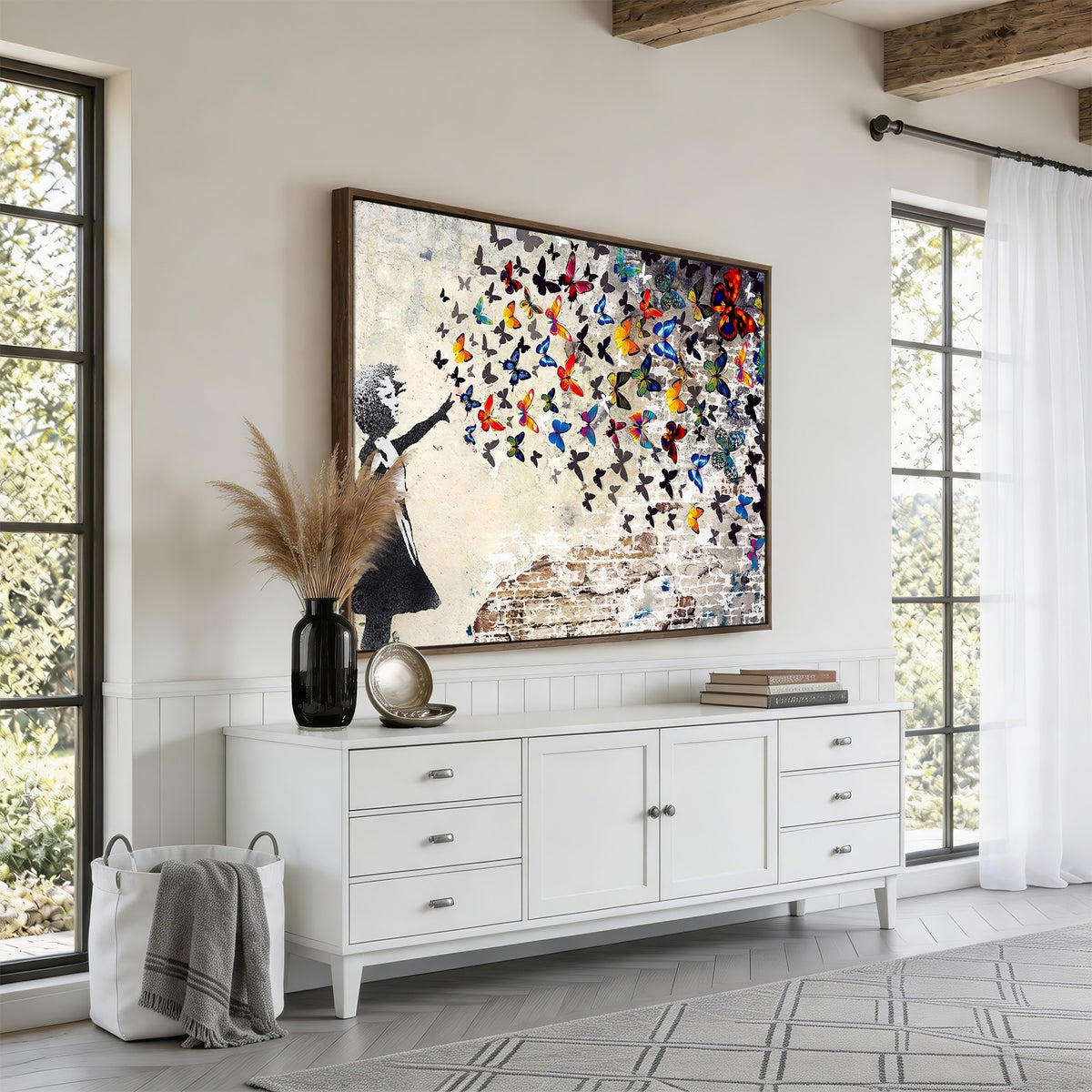 97895-MGV-CV-24X16 - Banksy Graffiti Wall Art Canvas Print, Girl Releasing Vibrant Butterflies