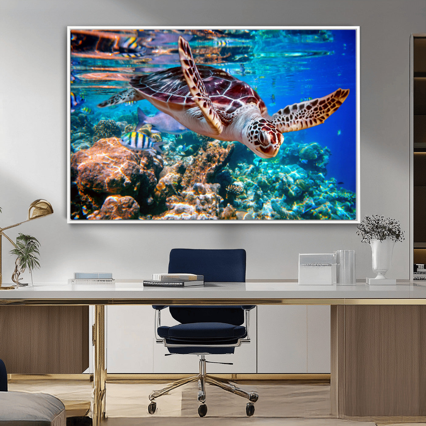 MGV-FC-36X24 - Underwater Coral Reef Sea Turtle Wall Art Canvas Print, Vibrant Marine Life | Colorful Ocean Scene