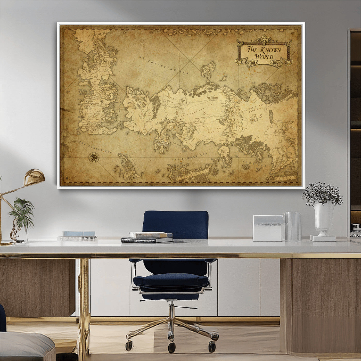 MGV-FC-36X24 - Vintage Game of Thrones Map Wall Art | Westeros and Essos Antique Style Print | The Known World in Triptych Canvas | Giclee Canvas for Fantasy Lovers
