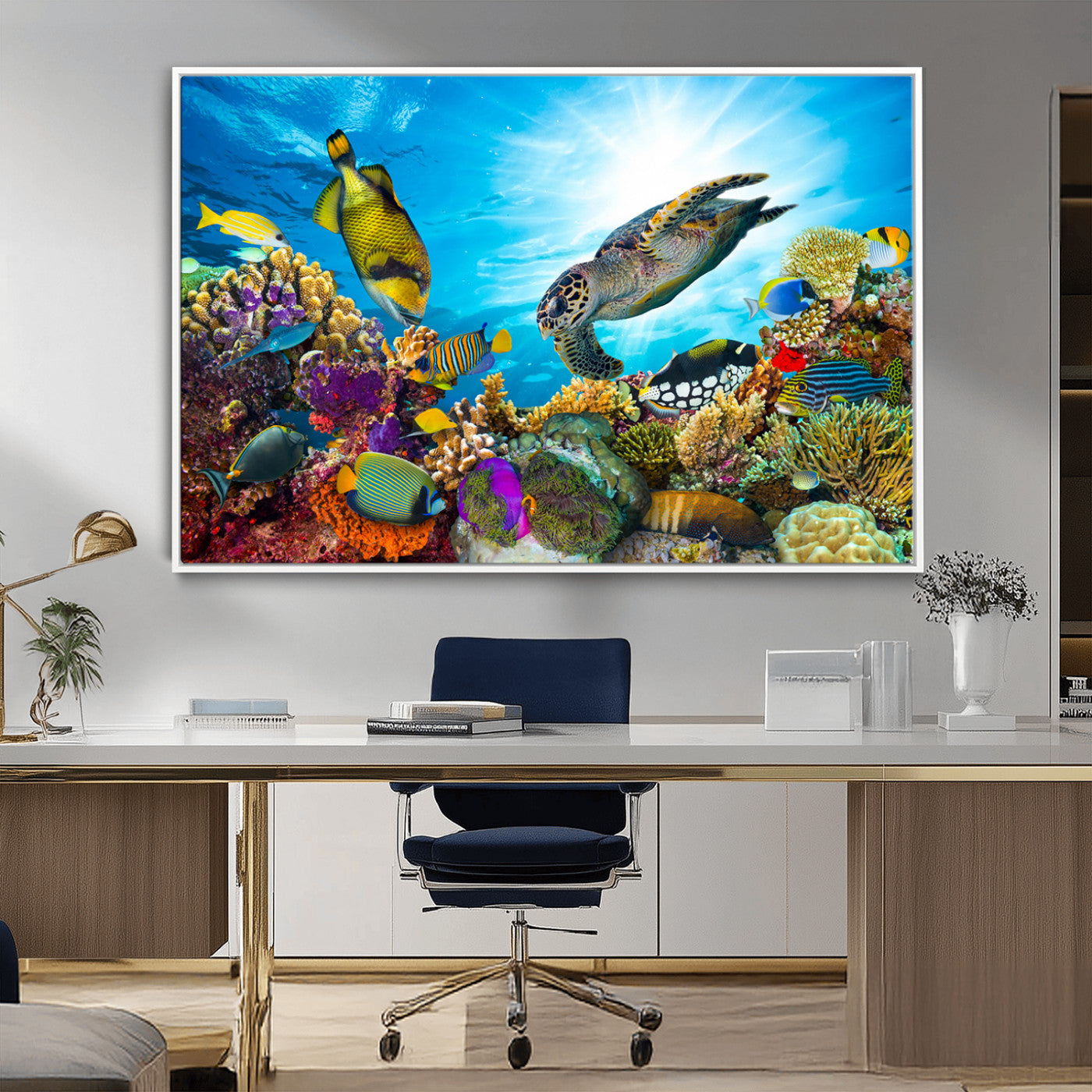 -Colorful Coral Reef and Sea Life Turtle Canvas Print, Underwater Tropical Ocean Wall Art for Home